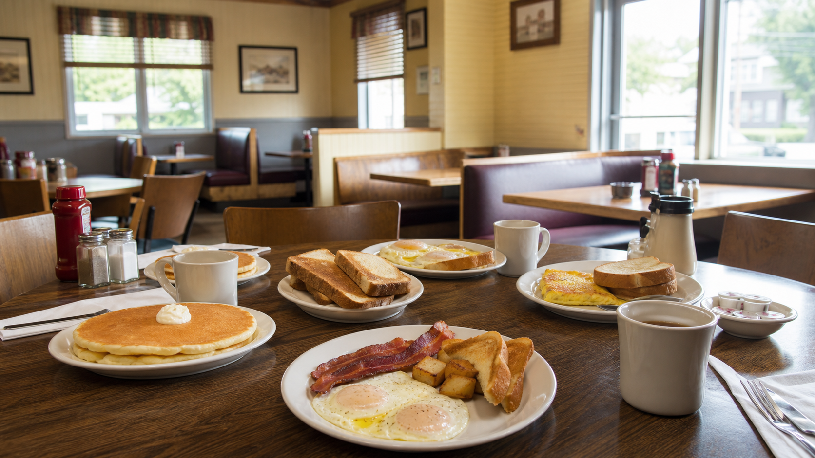 Breakfast plates and coffee on a warm diner table