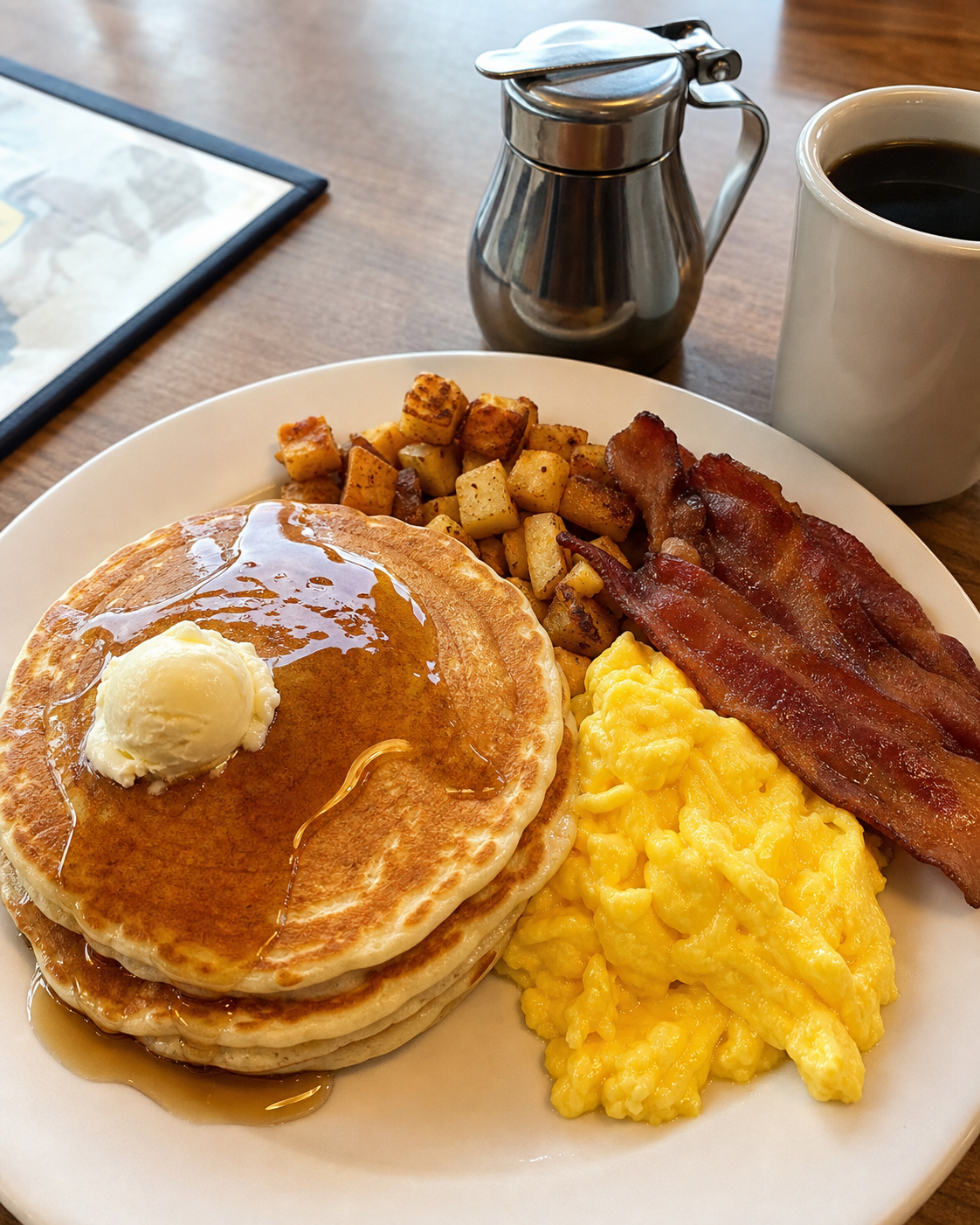 Pancakes, eggs, bacon and home fries at a diner table